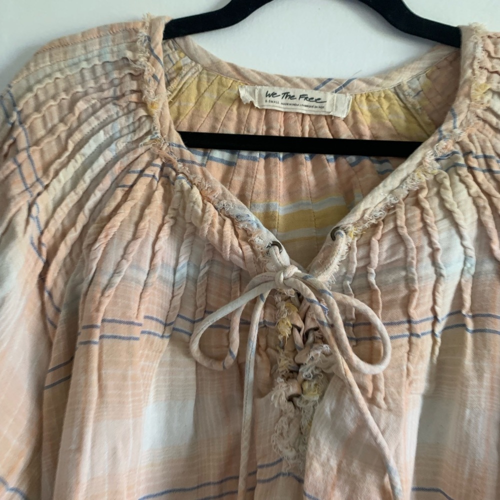 Free People We the Free White/Yellow Boho The Cloudbreaker Plaids Lace Blouse - Picture 10 of 11